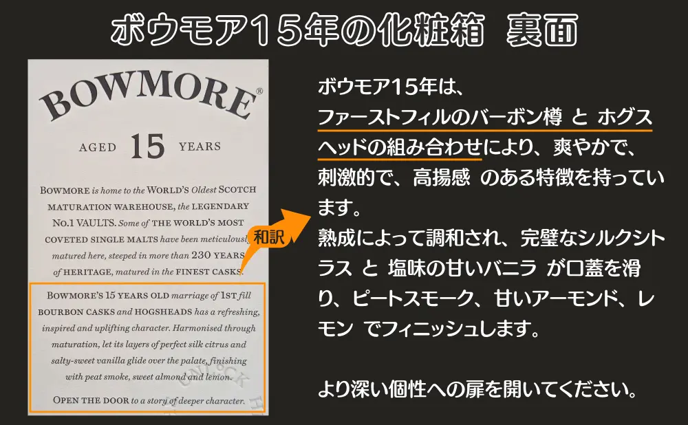 ボウモア15年の化粧箱裏面